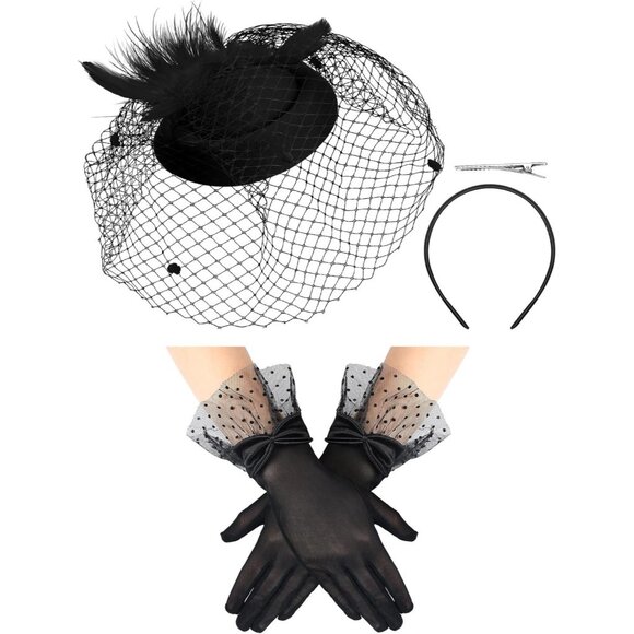Women’s 50s Fascinators Feather Pillbox Hat Lace Gloves for Weddings Parties - Picture 1 of 7